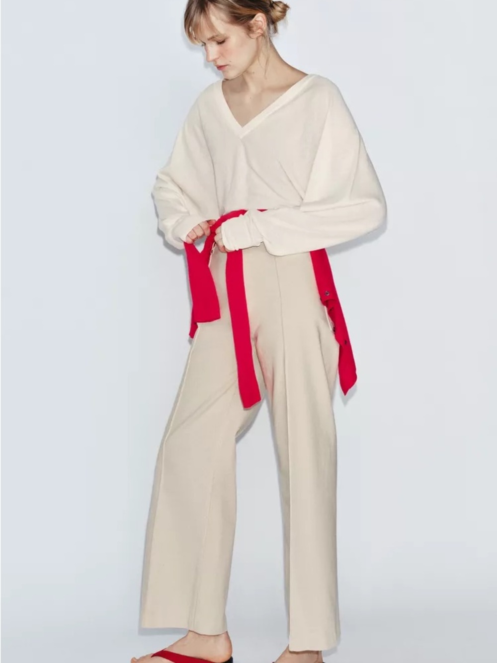 ZARA ZW COLLECTION TAILORED HIGH-WAIST WIDE LEG JEANS IN SAND - Picture 9 of 12
